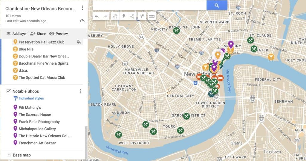 Local guide image showcasing New Orleans dining and cultural experiences by Clandestine Events, an event planning company.
